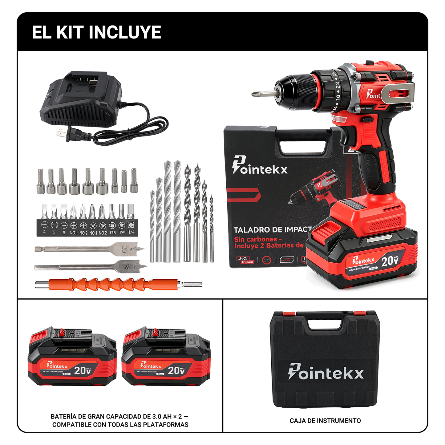 Pointekx Taladro de impacto sin escobillas ZS POINTEKX 3.0A 20V, rojo y negro, modelo mejorado