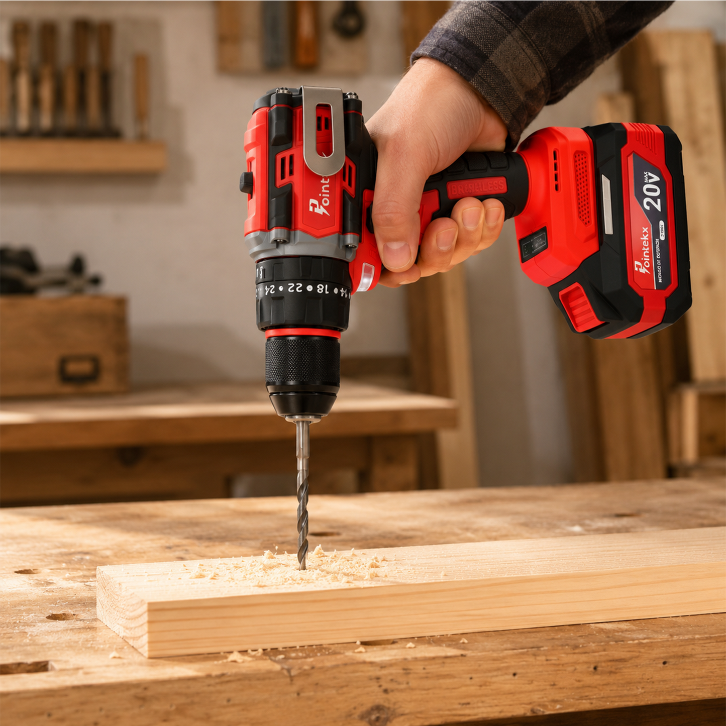 Pointekx Taladro de impacto sin escobillas ZS POINTEKX 3.0A 20V, rojo y negro, modelo mejorado