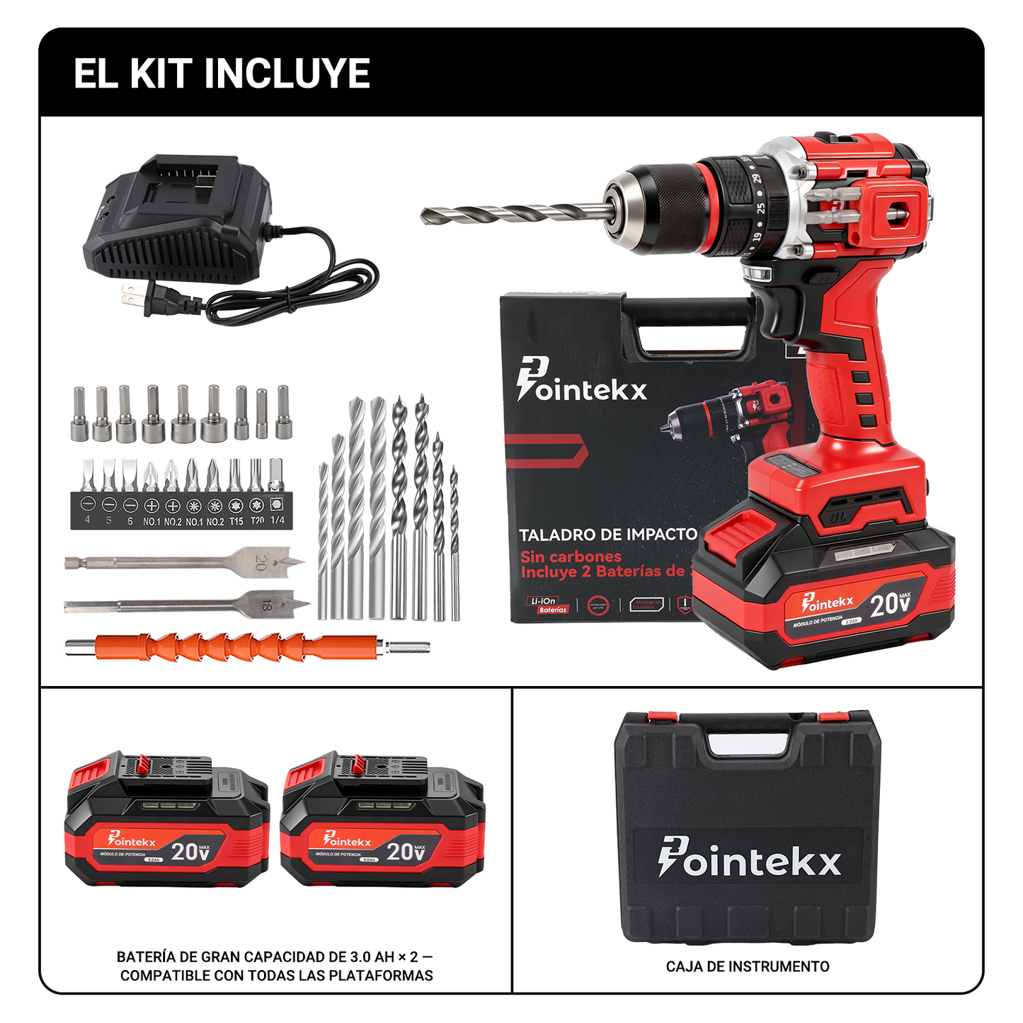 Pointekx Llave eléctrica sin escobillas ZS POINTEKX 3.0A 20V, 450 nm, roja y negra, versión mejorada.