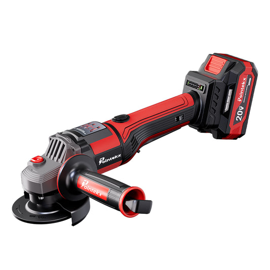 Pointekx Amoladora angular de iones de litio sin escobillas ZS POINTEKX 3.0A 20V de 125 mm, roja y negra, modelo mejorado.