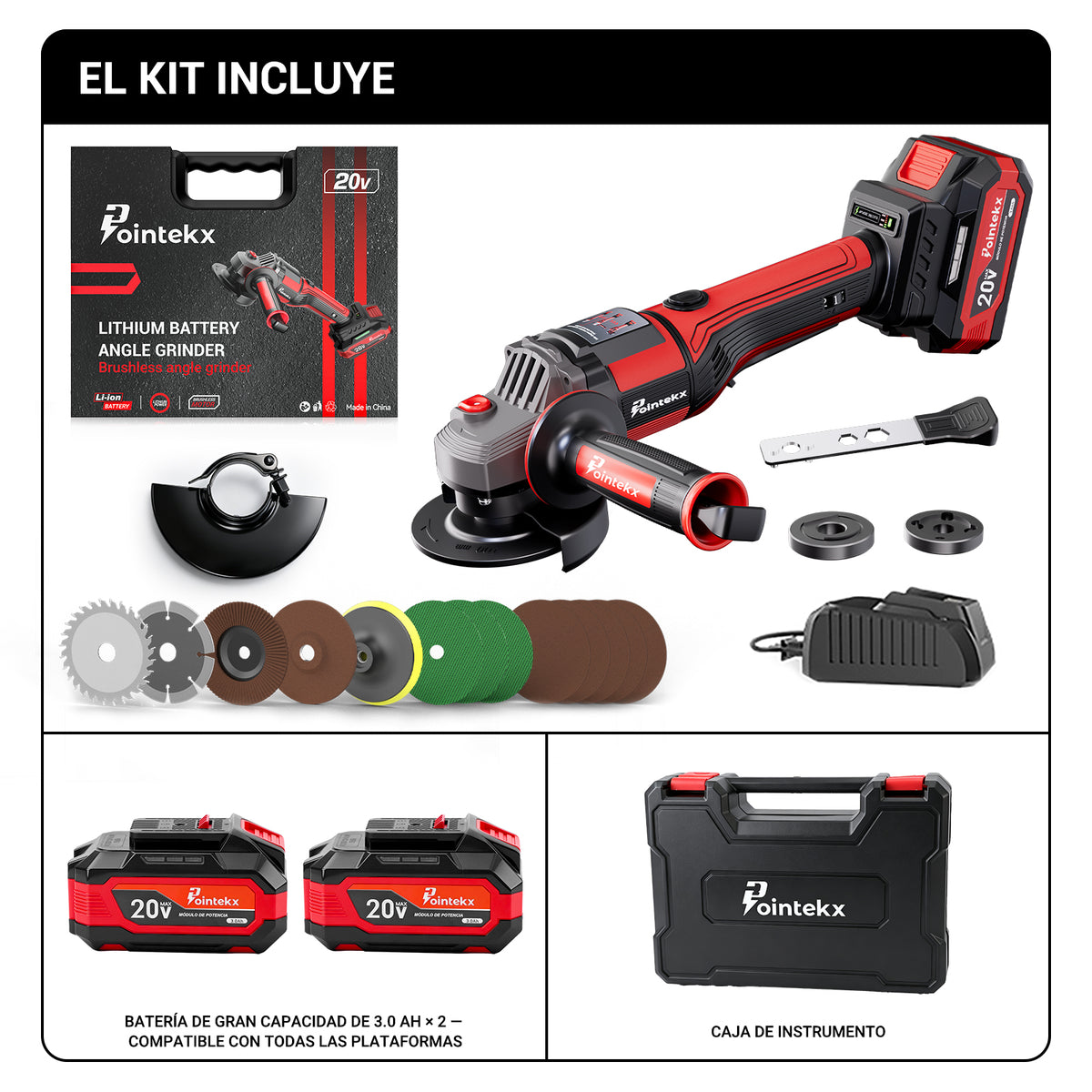Pointekx Amoladora angular de iones de litio sin escobillas ZS POINTEKX 3.0A 20V de 125 mm, roja y negra, modelo mejorado.