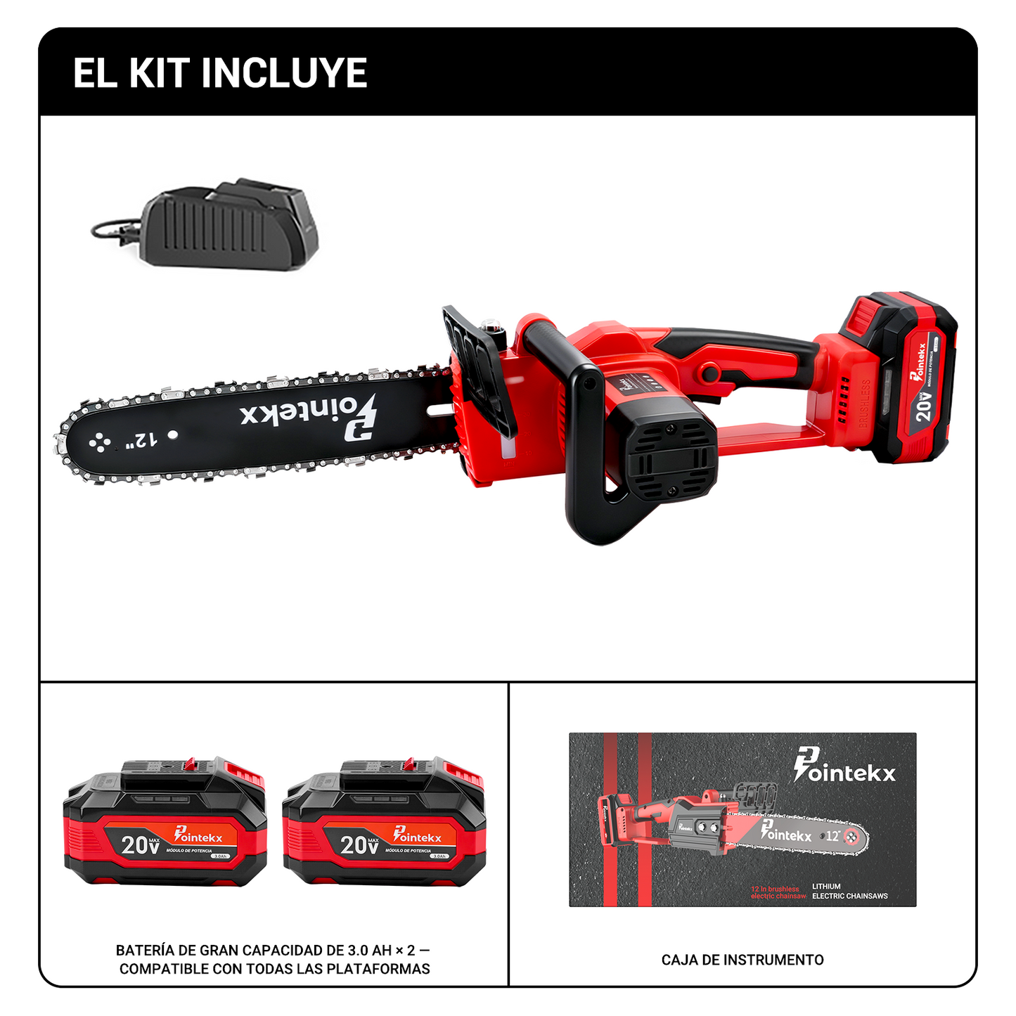 Pointekx Motosierra de iones de litio sin escobillas ZS POINTEKX de 12 pulgadas, roja y negra, versión mejorada.