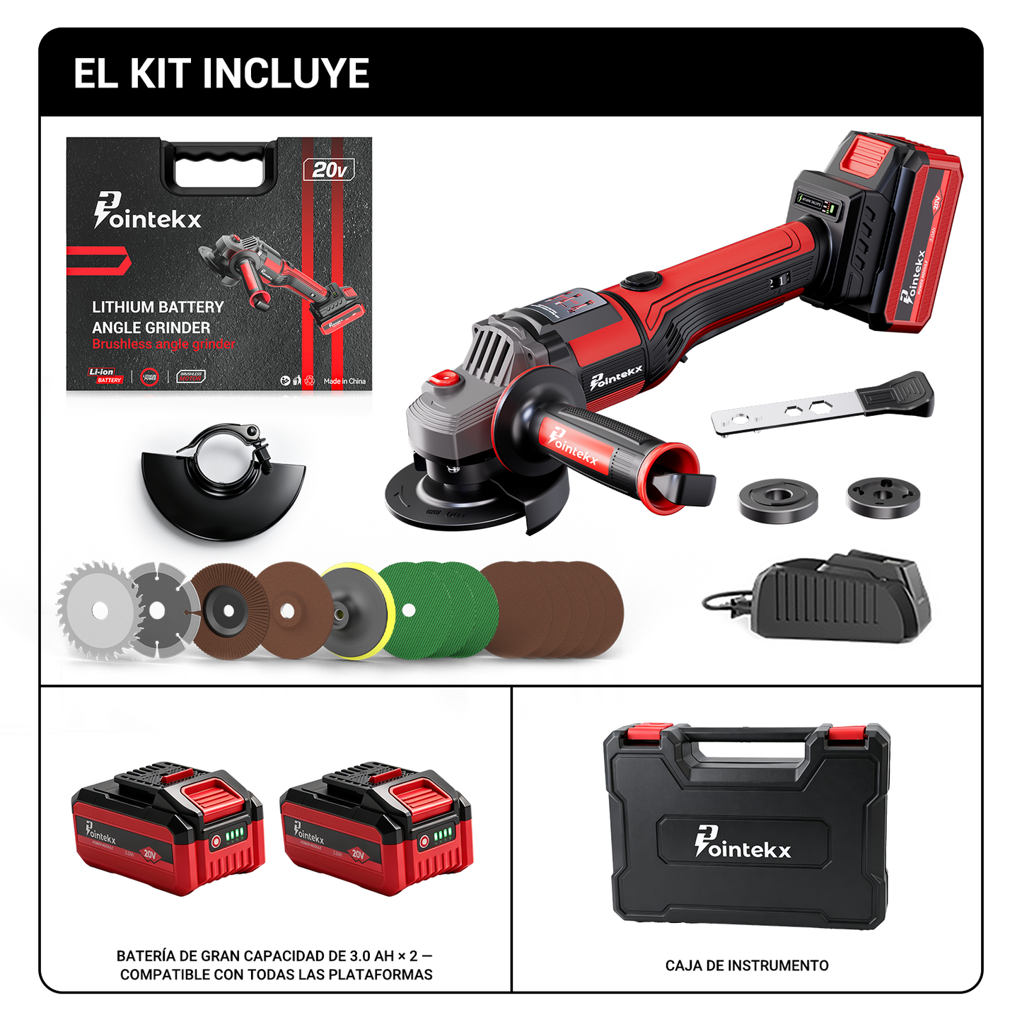 Pointekx Amoladora angular de iones de litio sin escobillas ZS POINTEKX 3.0A 20V de 125 mm, roja y negra, modelo mejorado.