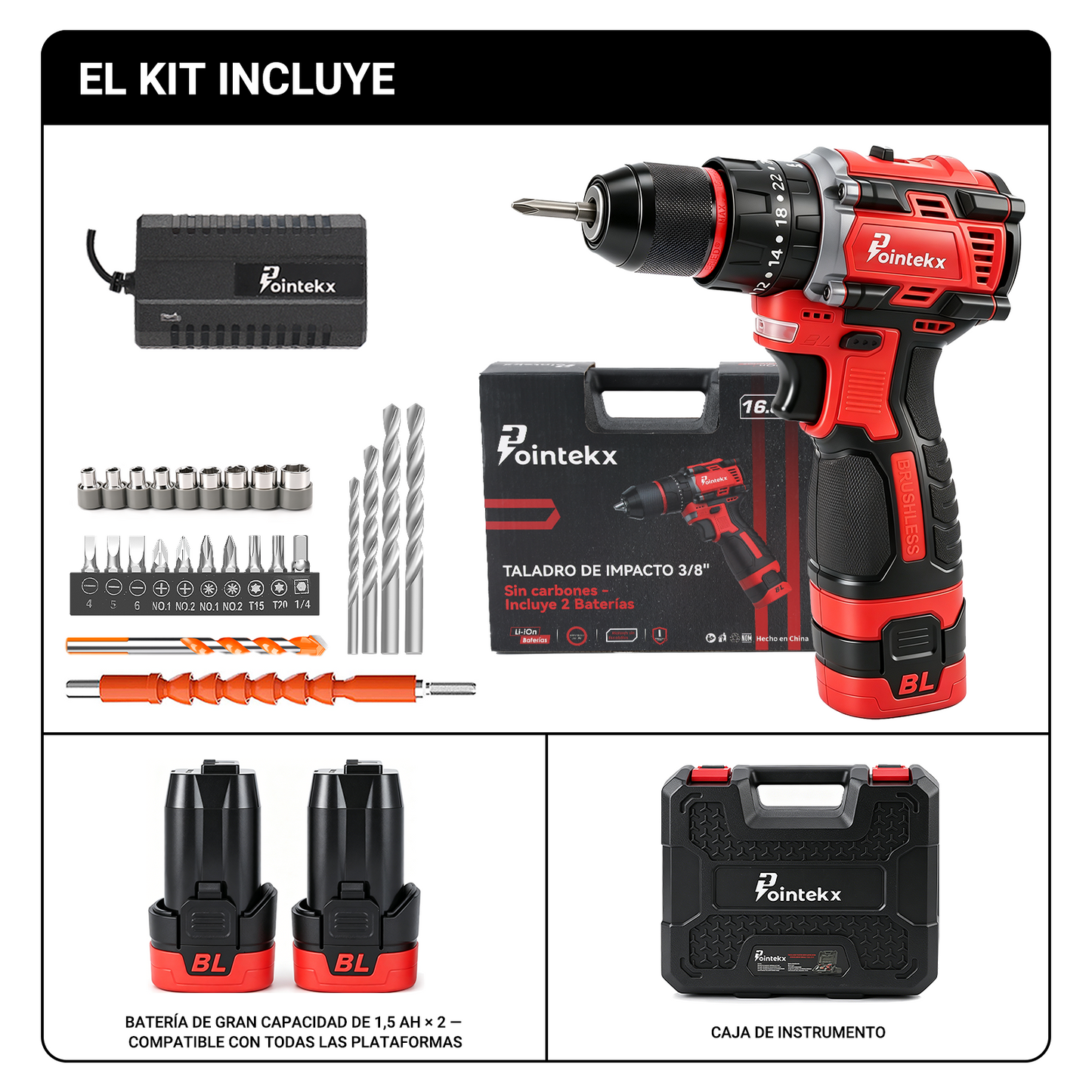 Pointekx Taladro de impacto sin escobillas ZS POINTEKX 16,8 V, rojo y negro, versión mejorada.
