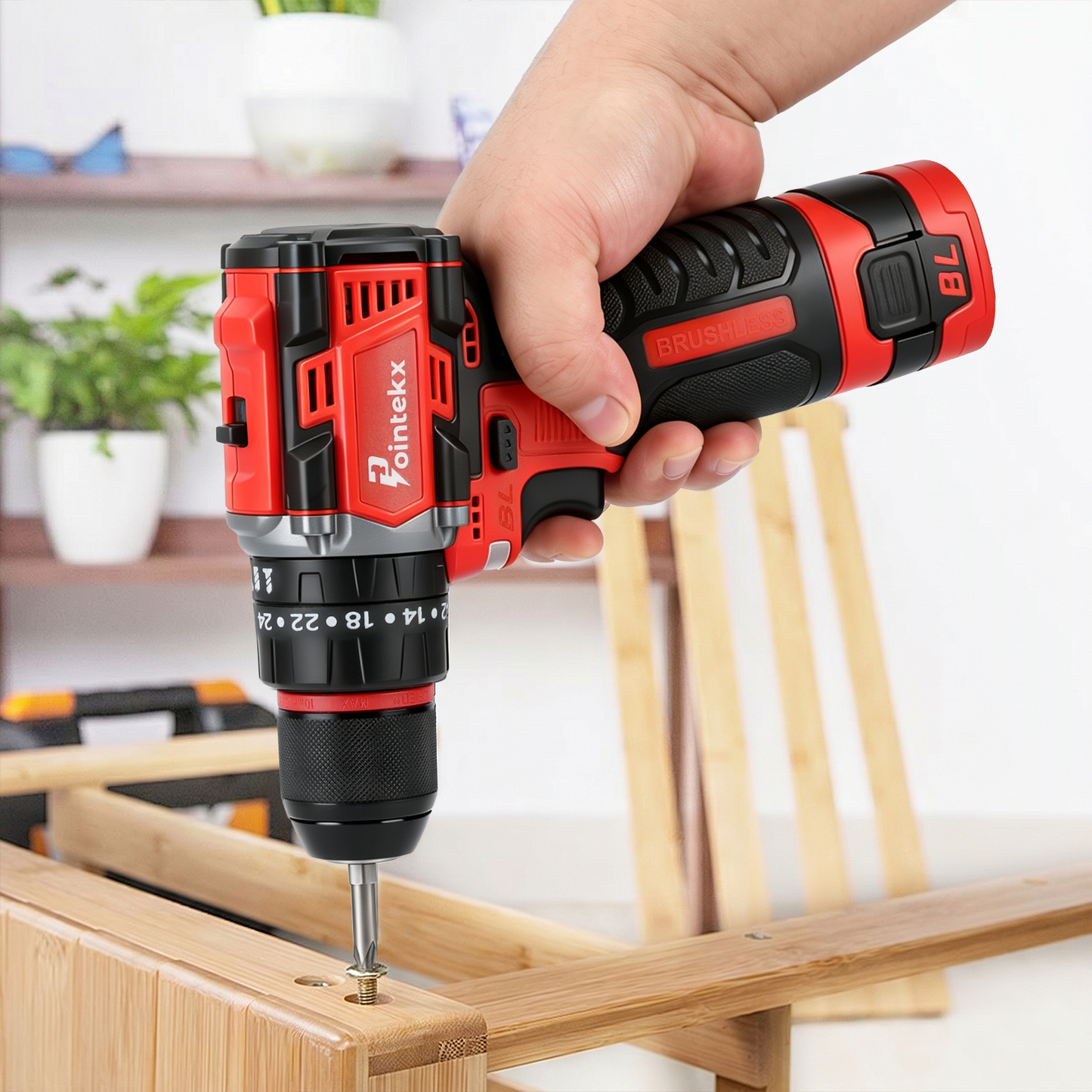 Pointekx Taladro de impacto sin escobillas ZS POINTEKX 16,8 V, rojo y negro, versión mejorada.