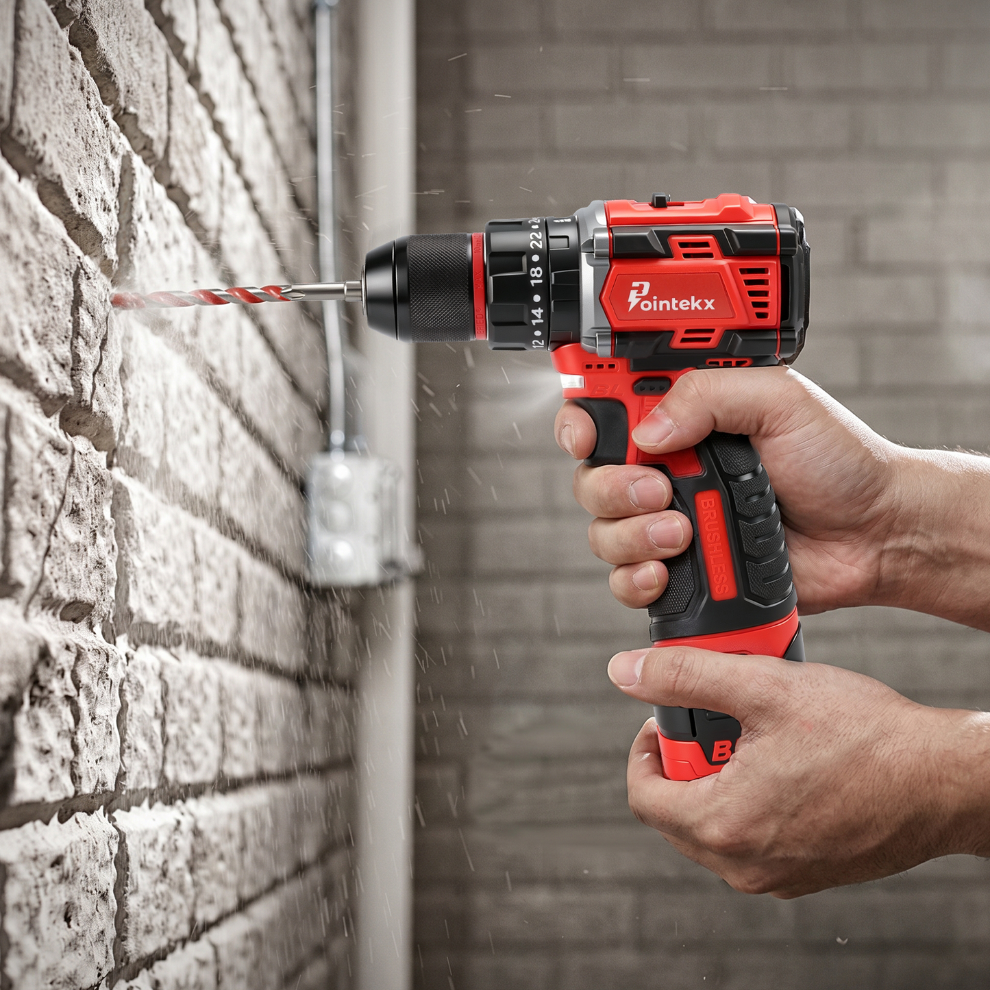Pointekx Taladro de impacto sin escobillas ZS POINTEKX 16,8 V, rojo y negro, versión mejorada.