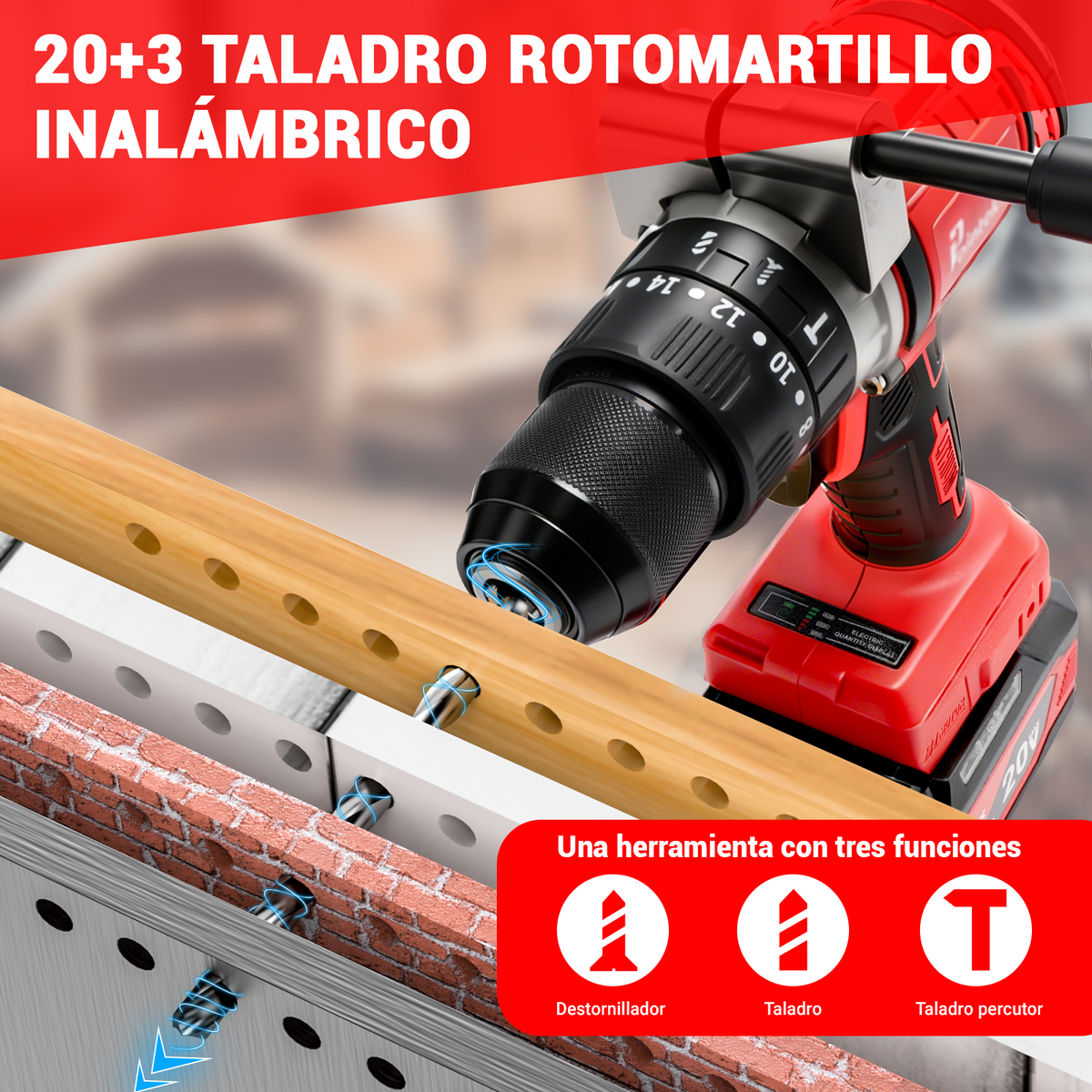 Minitaladro ZS POINTEKX 3.0A de 13 mm, rojo y negro, versión mejorada