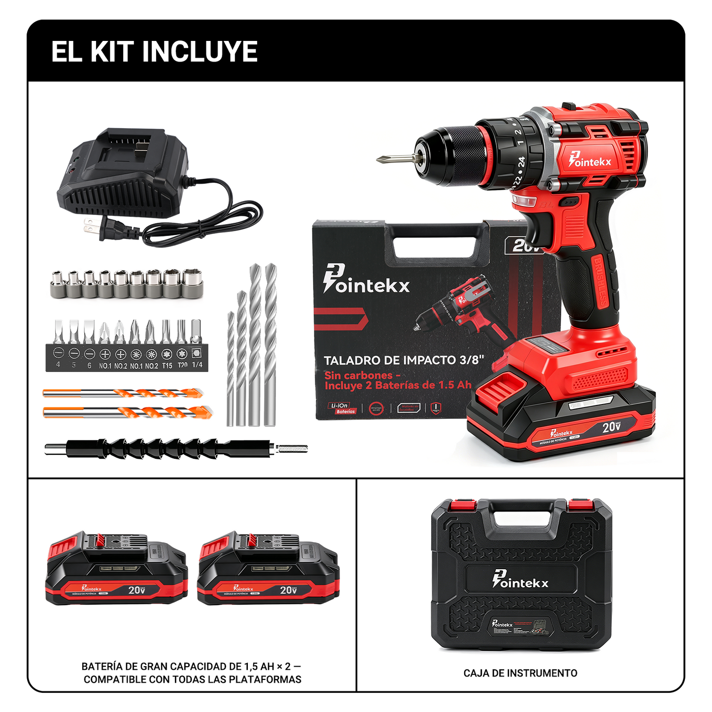 Pointekx Taladro de impacto sin escobillas ZS POINTEKX de 1,5 A y 20 V, rojo y negro, versión mejorada