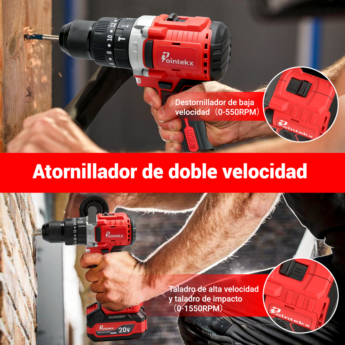 Minitaladro ZS POINTEKX 3.0A de 13 mm, rojo y negro, versión mejorada